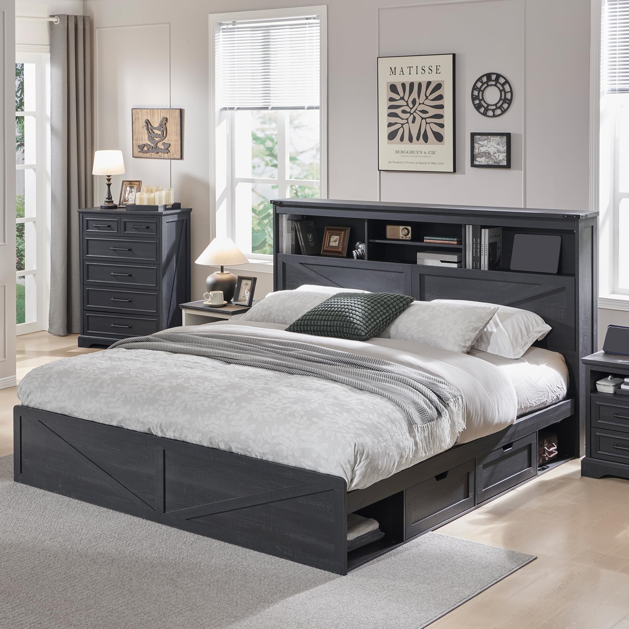 King Size Bed Frame With Storage Drawers - Bettgestell im Landhausstil, Kingsize, mit 132