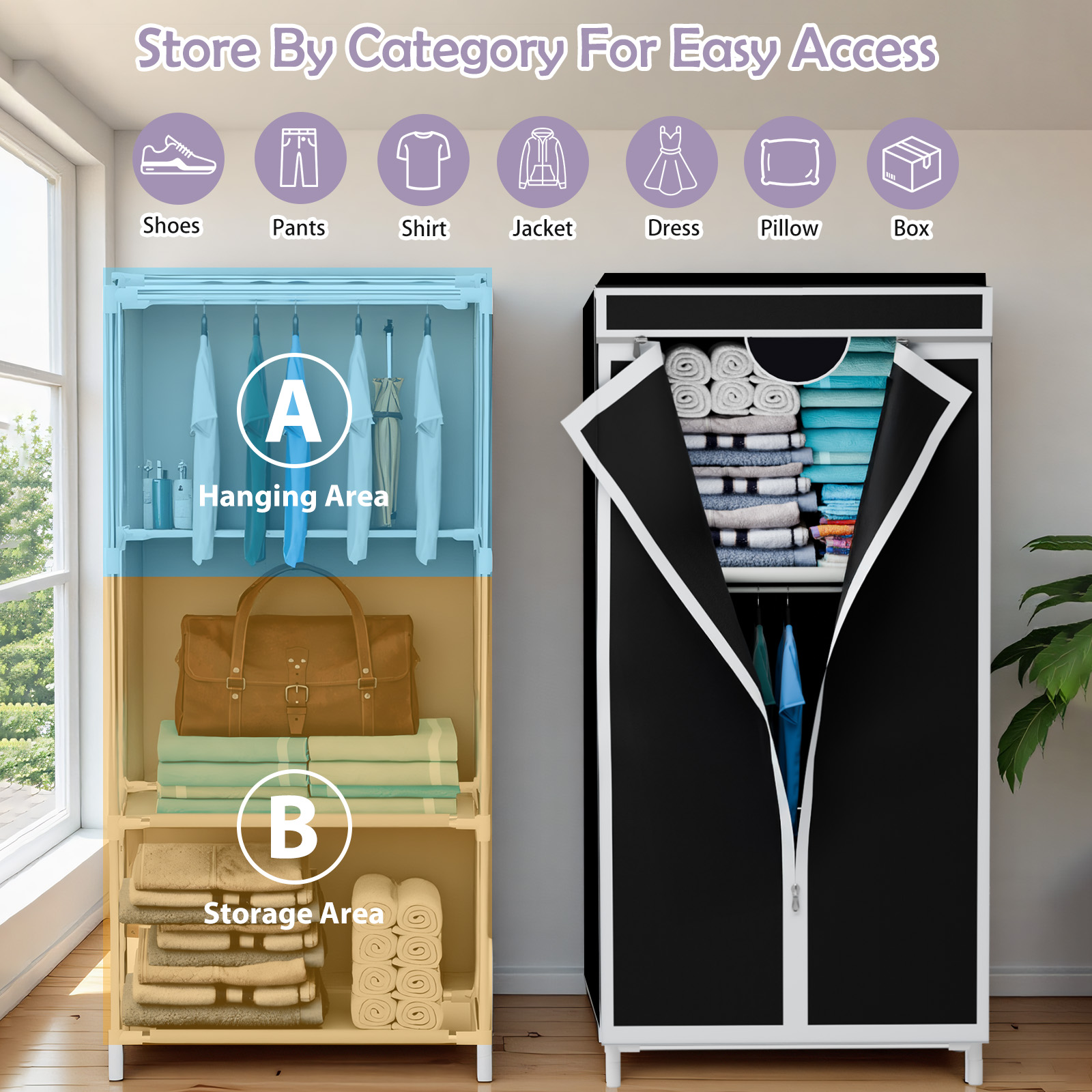 Wardrobe Closet Portable Fabric Cover - Tragbarer Stoff-Kleiderschrank mit Kleiderstange und Staubschutzhülle