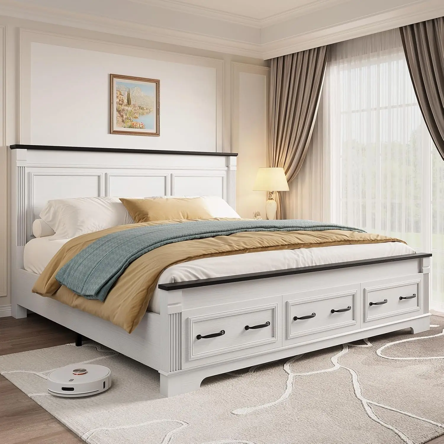 King Size Bed Frame With Storage Drawers - Bauernhaus-Bettgestell in Kingsize mit Kopfteil und