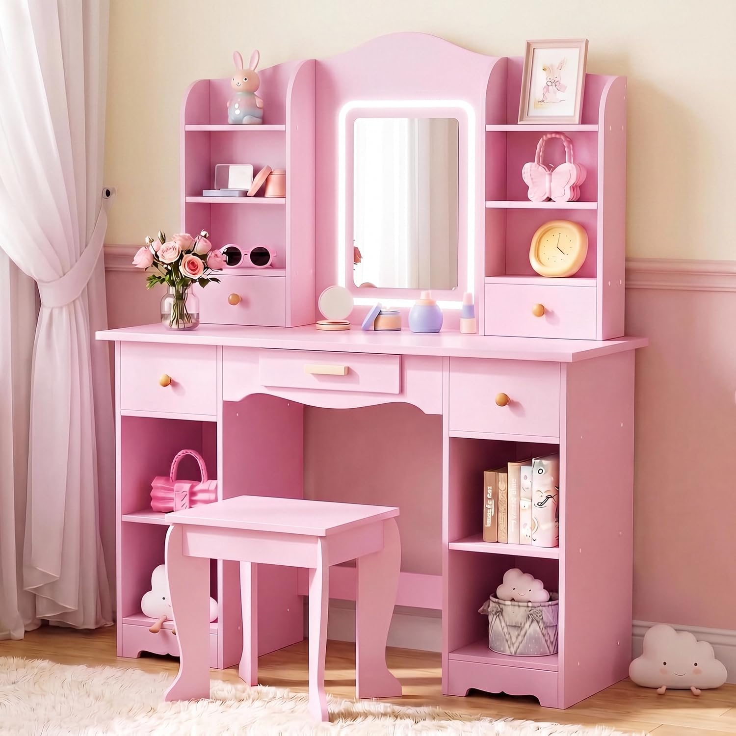 Dressing Table Vanity With Lighted Mirror - Kinder-Schminktisch mit 3-Farben-Beleuchtung, Großem Stauraum, Spiegel,