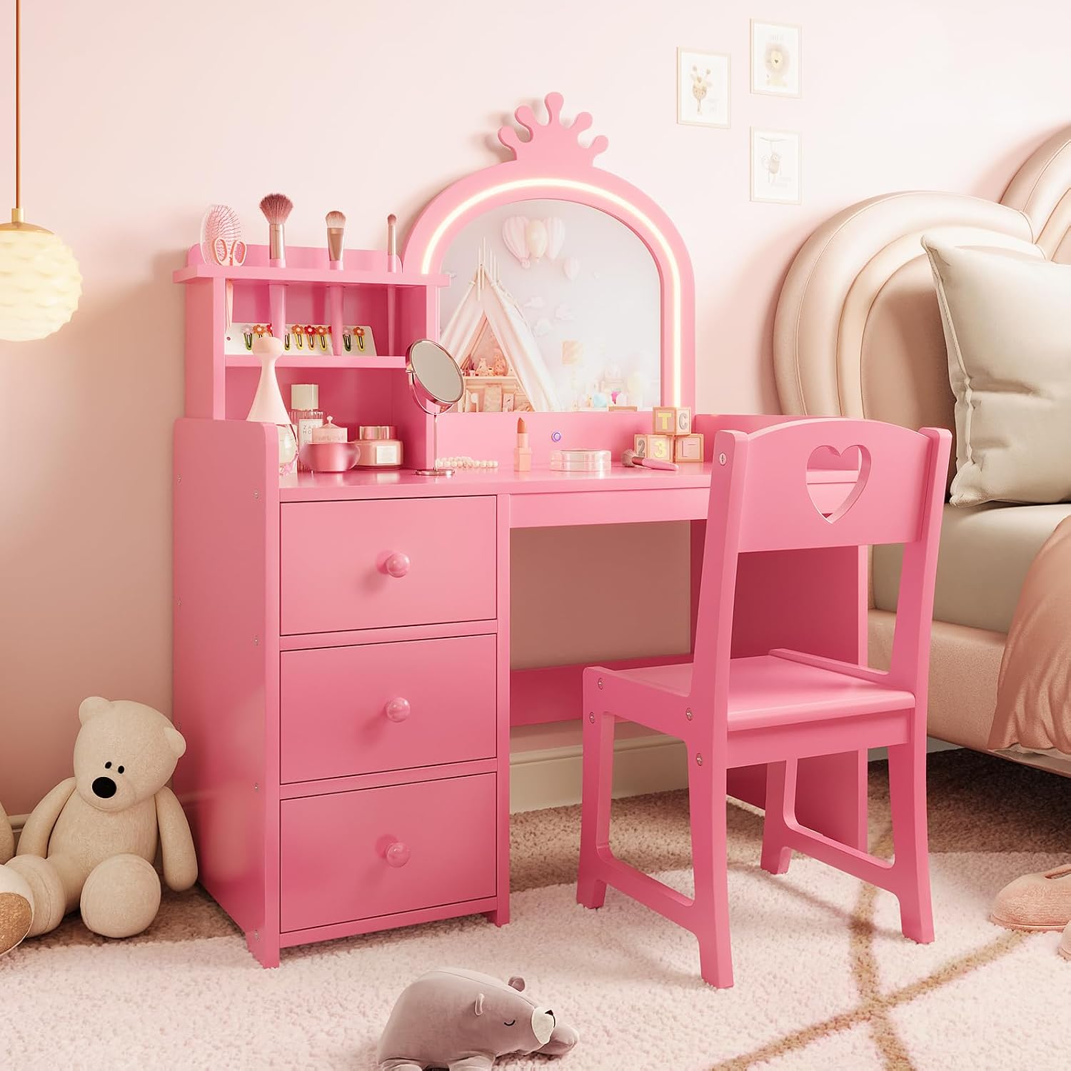 Dressing Table Vanity With Lighted Mirror - Kinderschminktisch mit beleuchtetem Spiegel, rosa Prinzessinnen-Schminkset