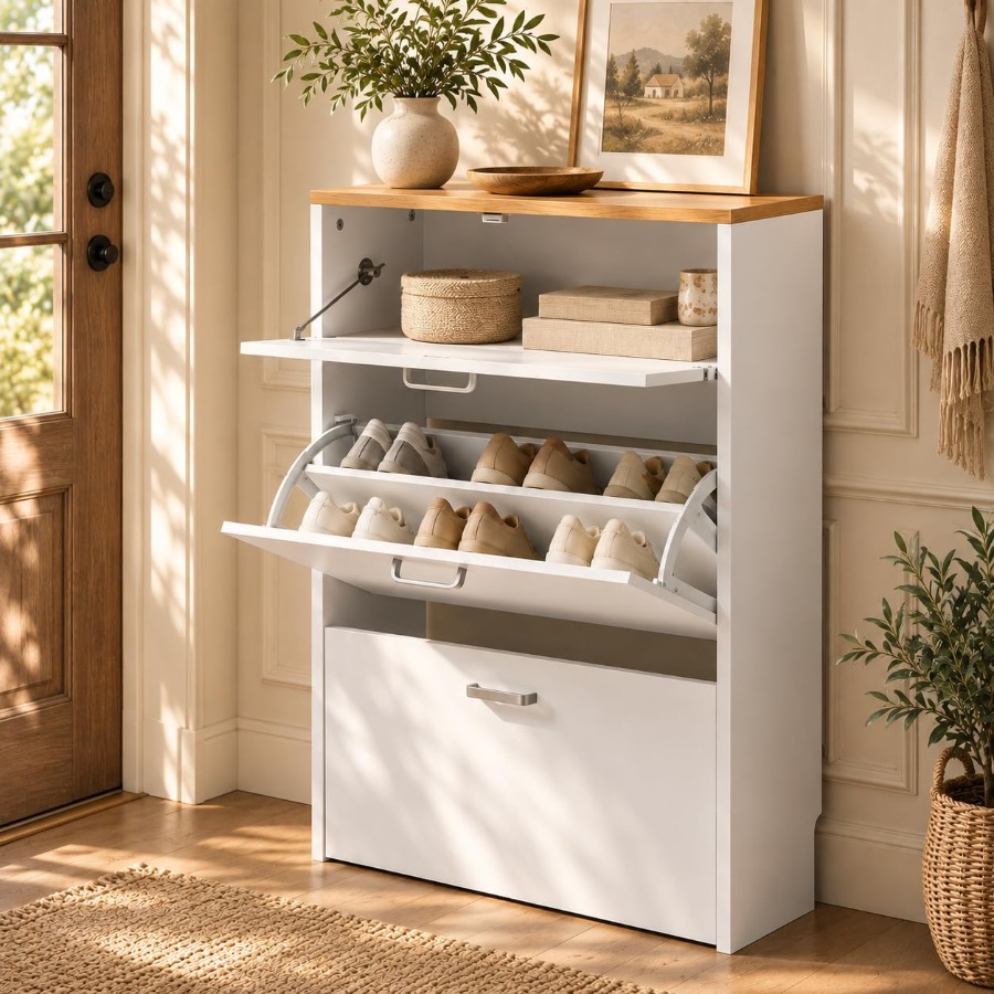 Shoe Rack Cabinet Narrow Entryway - Schuhschrank zur Aufbewahrung im Eingangsbereich, weißes,