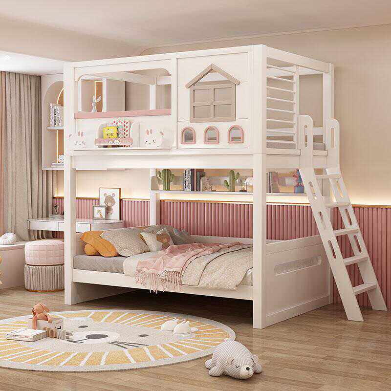 Bunk Bed With Stairs And Slide - Modernes Rosa Massivholz-Kinder-Etagenbett mit Rutsche, Treppenschrank,