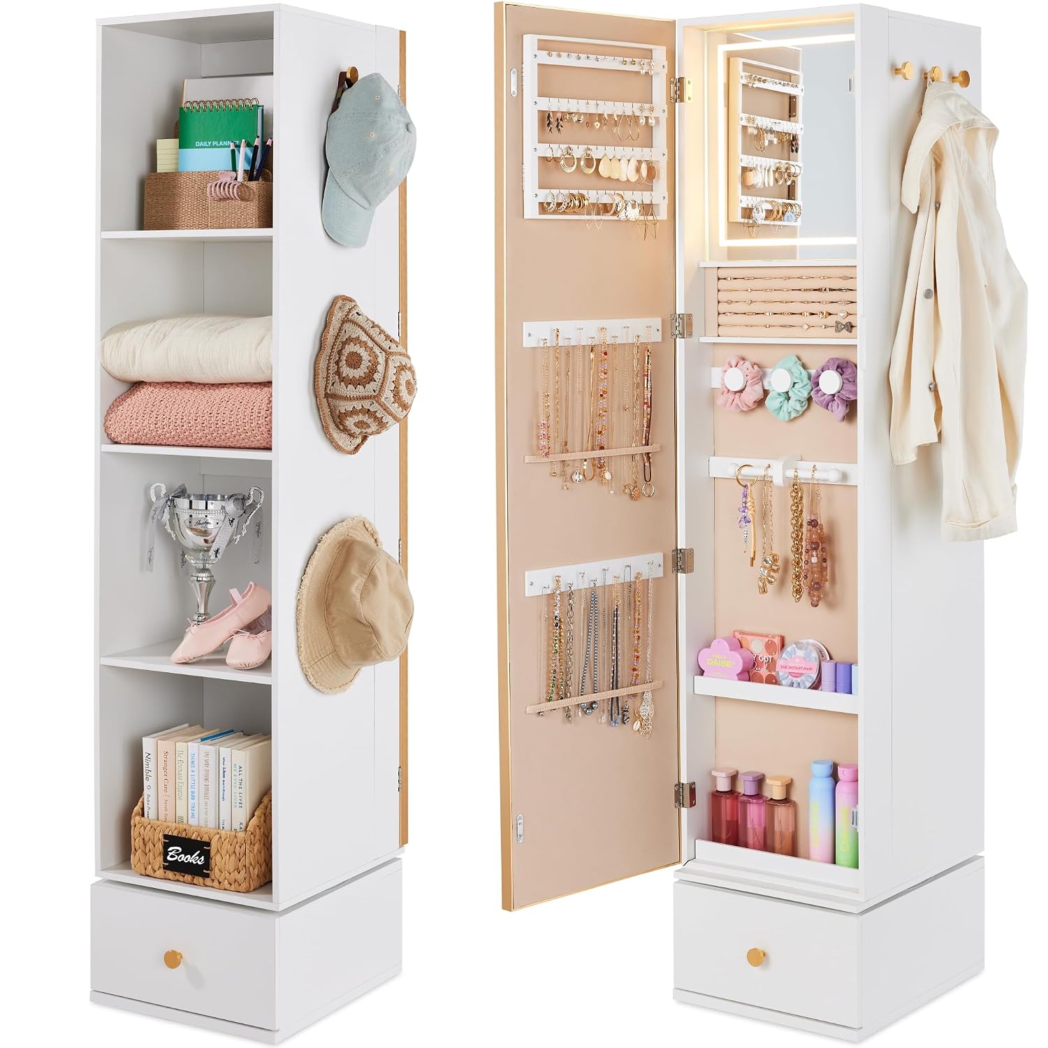 Full Length Mirror Jewelry Armoire - Drehbarer Spiegel mit Aufbewahrungsschrank, 360° drehbarer