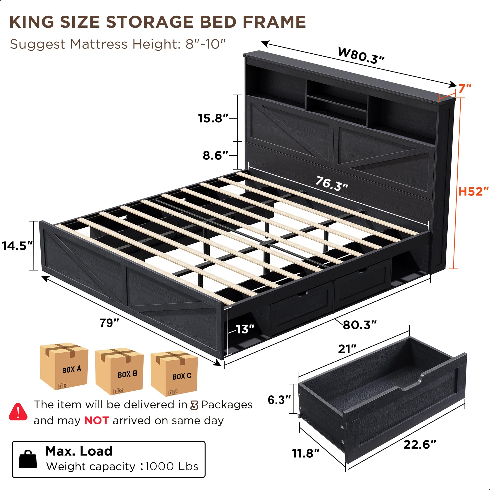 Bettgestell im Landhausstil, K – King Size Bed Frame With Storage Drawers Bewertung und Preis