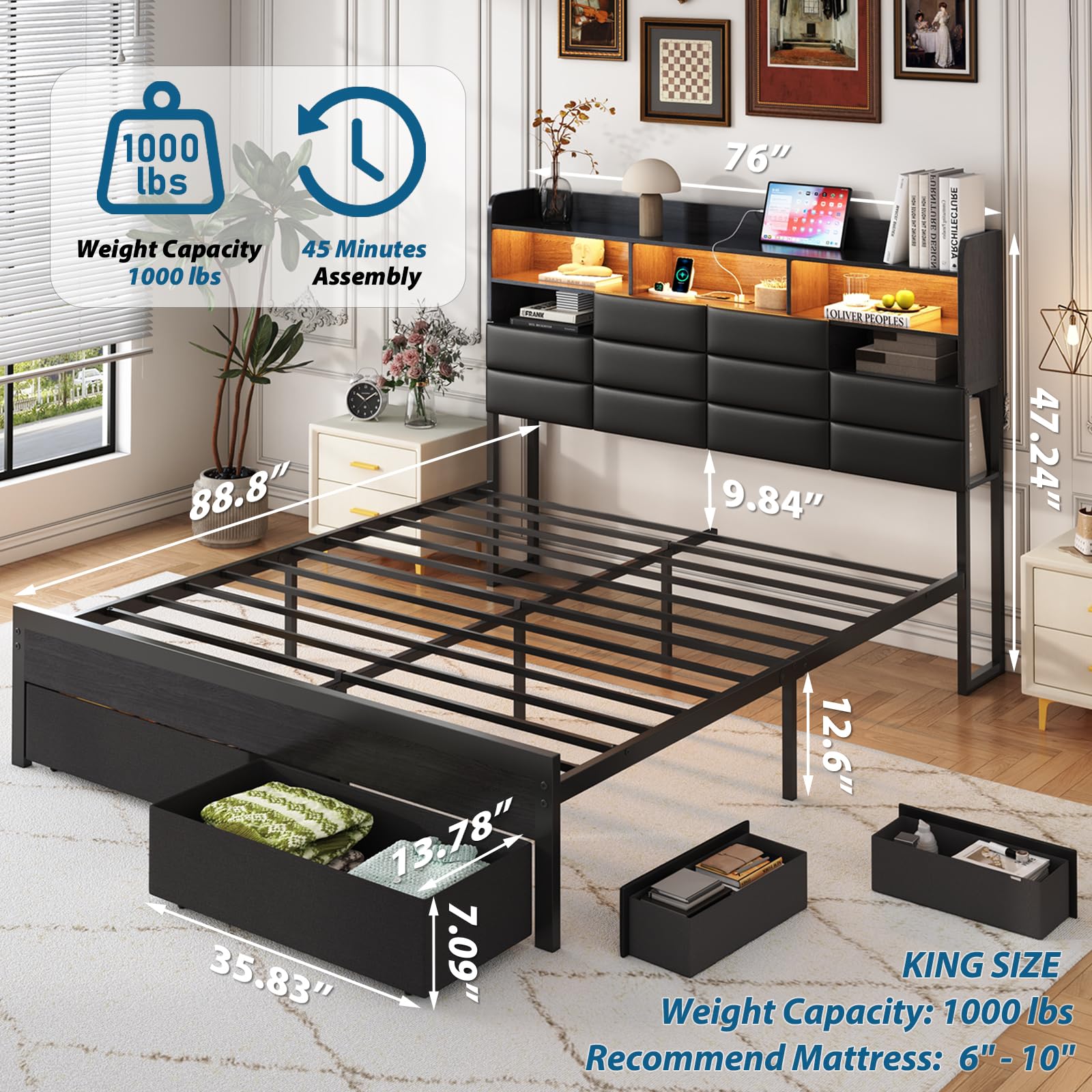 Bettgestell in Kingsize mit Sc – King Size Bed Frame With Storage Drawers Bewertung und Preis