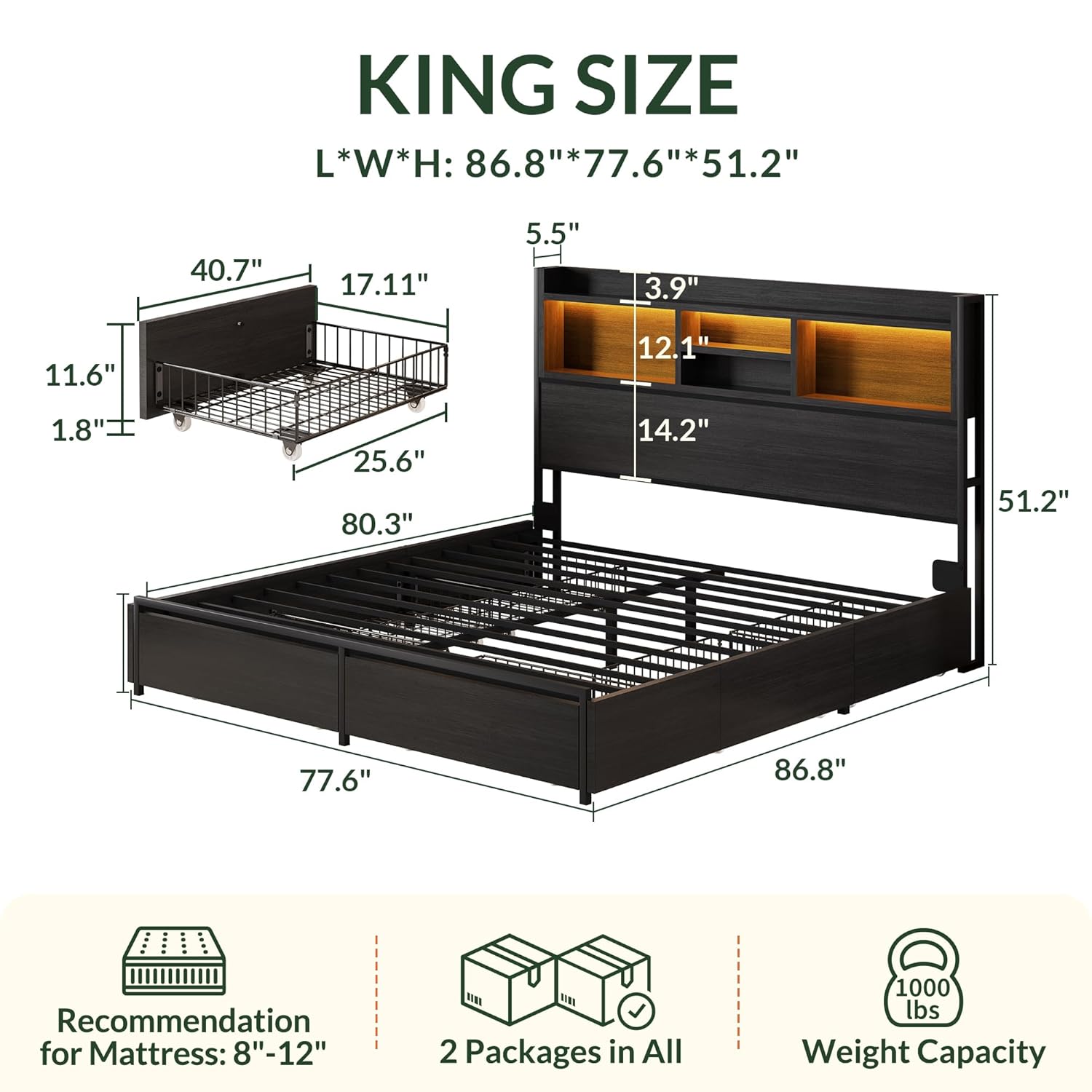 Kingsize-Bettgestell mit 6 Auf – King Size Bed Frame With Storage Drawers Bewertung und Preis