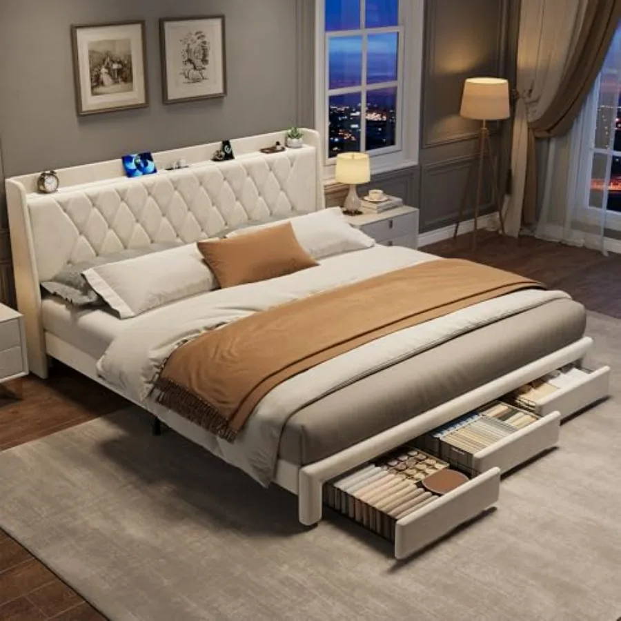 King-Size-Bettgestell mit Samt – King Size Bed Frame With Storage Drawers Bewertung und Preis