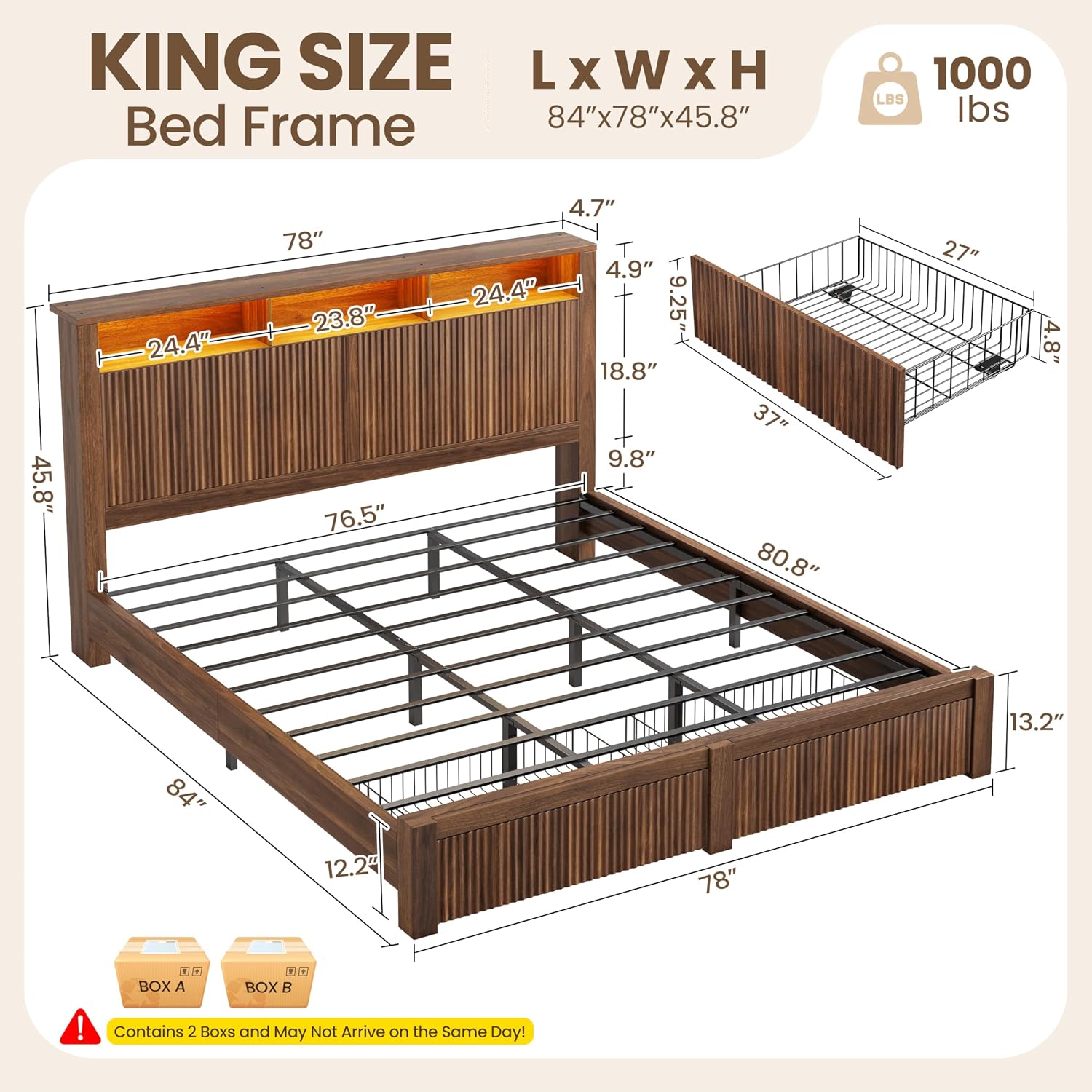 Kingsize-Bettgestell mit Kopft – King Size Bed Frame With Storage Drawers Bewertung und Preis