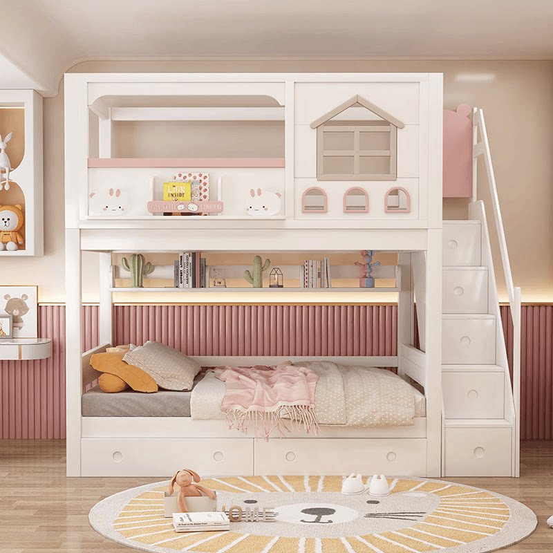 Modernes Rosa Massivholz-Kinde – Bunk Bed With Stairs And Slide Bewertung und Preis