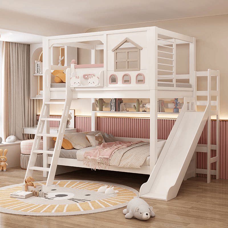 Modernes Rosa Massivholz-Kinde – Bunk Bed With Stairs And Slide Bewertung und Preis